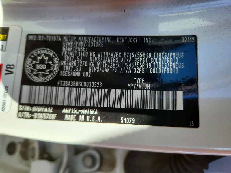 Aukcja sprzedaży 2012 Toyota Venza, vin: 4T3BA3BB6CU030528, numer aukcji: 59990076