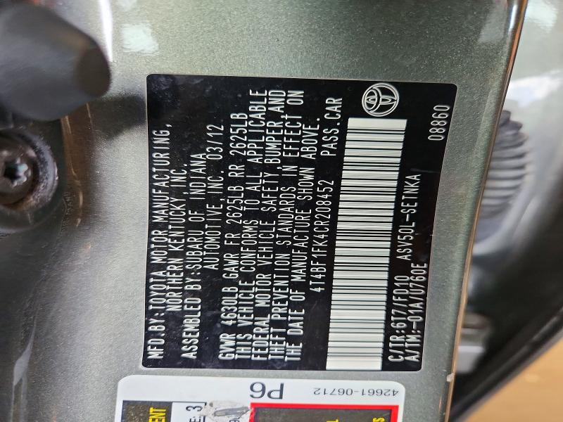 59175436 :رقم المزاد ، 4T4BF1FK4CR208452 vin ، 2012 Toyota Camry مزاد بيع