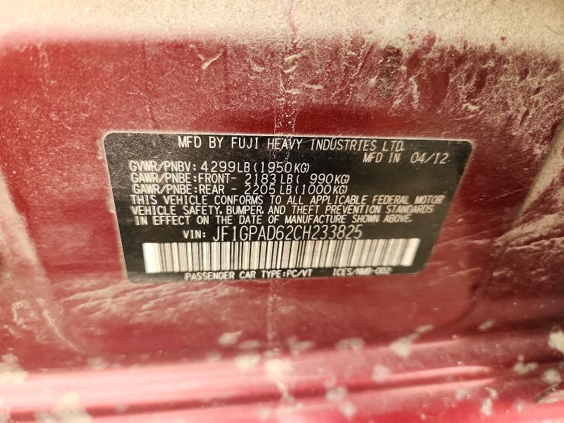 61210166 :رقم المزاد ، JF1GPAD62CH233825 vin ، 2012 Subaru Impreza مزاد بيع