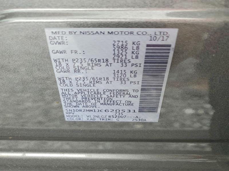 2018 Nissan Pathfinder მანქანა იყიდება აუქციონზე, vin: 5N1DR2MM1JC620531, აუქციონის ნომერი: 62718486