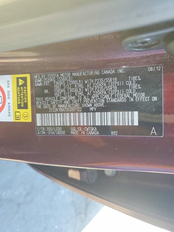 Aukcja sprzedaży 2013 Lexus Rx, vin: 2T2ZK1BA7DC097122, numer aukcji: 59634216