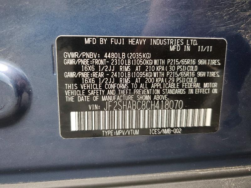 Продаж на аукціоні авто 2012 Subaru Forester, vin: JF2SHABC8CH418070, номер лоту: 61543276