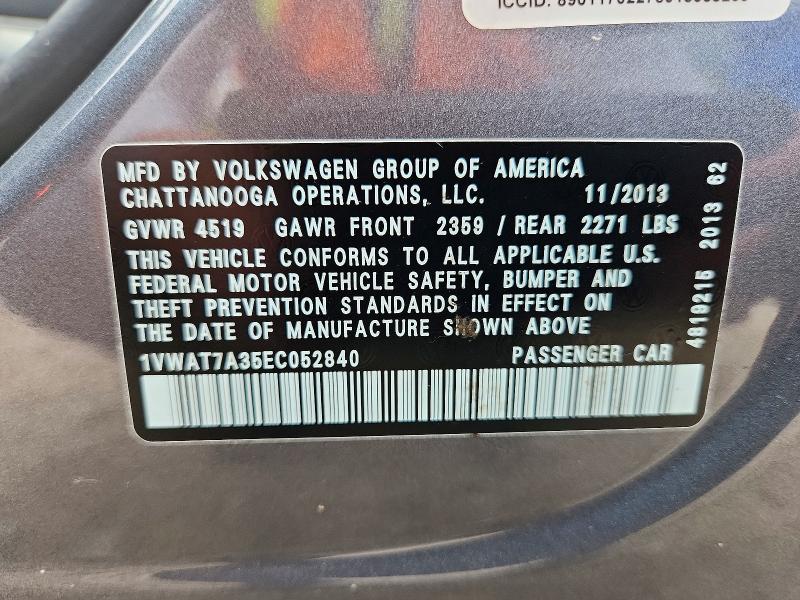 Aukcja sprzedaży 2014 Volkswagen Passat, vin: 1VWAT7A35EC052840, numer aukcji: 61229866