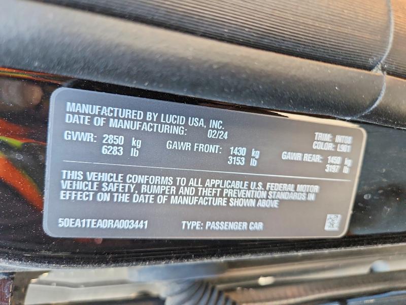 61071656 :رقم المزاد ، 50EA1TEA0RA003441 vin ، 2024 Lucid Motors Air مزاد بيع