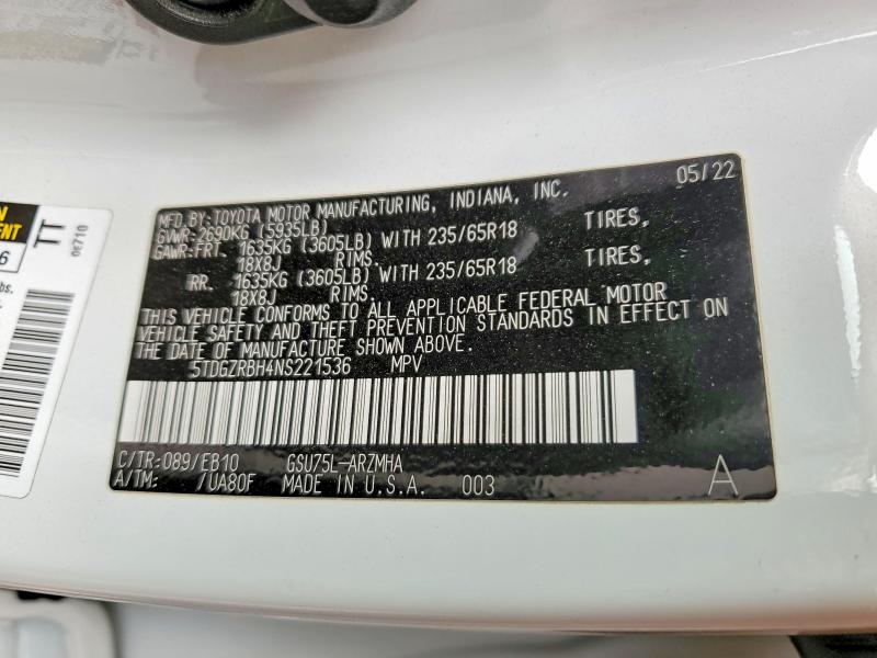 2022 Toyota Highlander მანქანა იყიდება აუქციონზე, vin: 5TDGZRBH4NS221536, აუქციონის ნომერი: 60814656