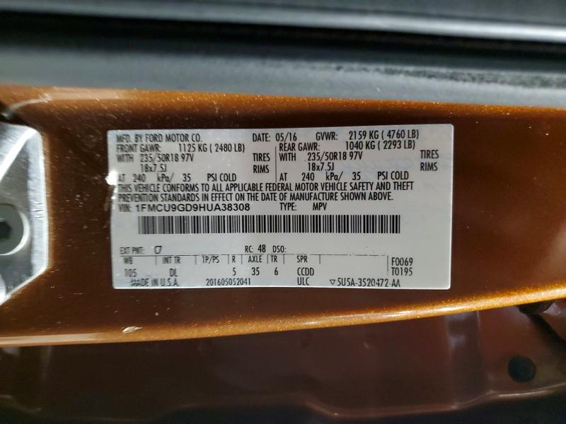 Продаж на аукціоні авто 2017 Ford Escape, vin: 1FMCU9GD9HUA38308, номер лоту: 59859756