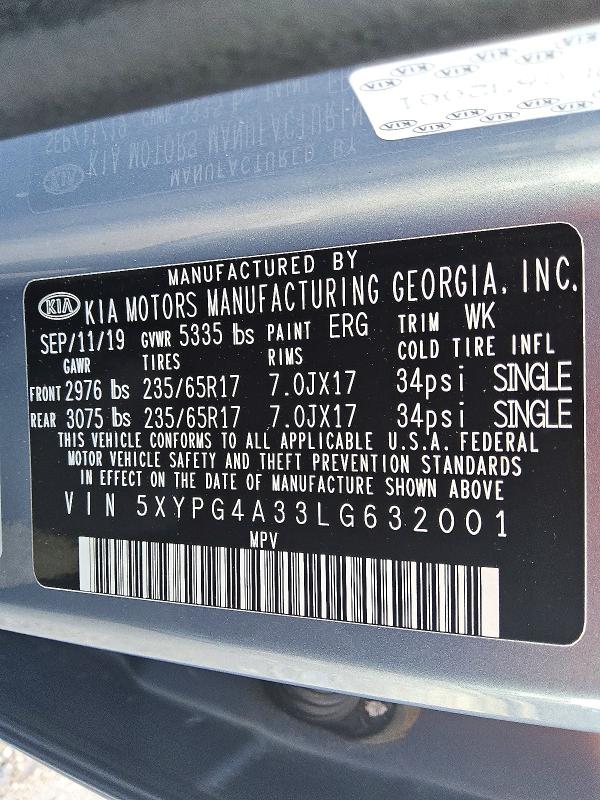 2020 Kia Sorento მანქანა იყიდება აუქციონზე, vin: 5XYPG4A33LG632001, აუქციონის ნომერი: 60334516