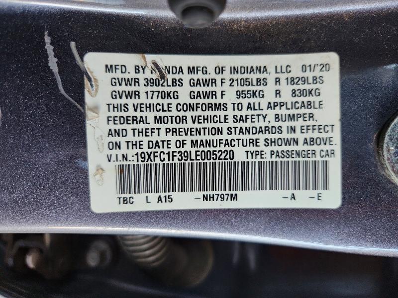 2020 Honda Civic მანქანა იყიდება აუქციონზე, vin: 19XFC1F39LE005220, აუქციონის ნომერი: 60410996