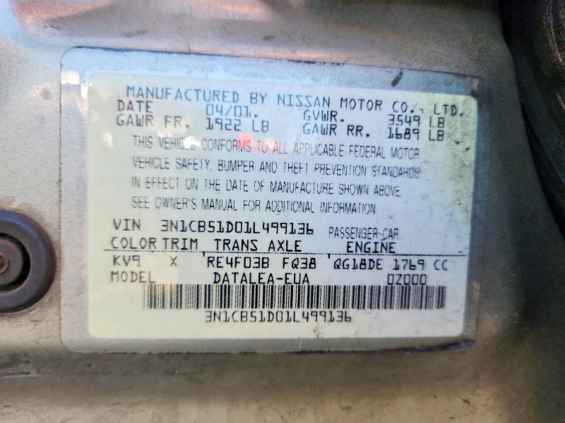 2001 Nissan Sentra მანქანა იყიდება აუქციონზე, vin: 3N1CB51D01L499136, აუქციონის ნომერი: 62333496