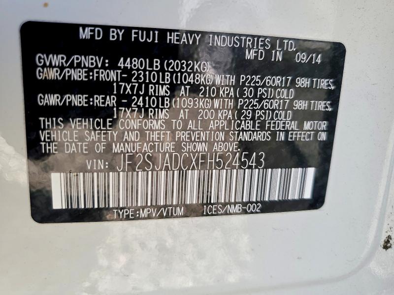 2015 Subaru Forester მანქანა იყიდება აუქციონზე, vin: JF2SJADCXFH524543, აუქციონის ნომერი: 62115176