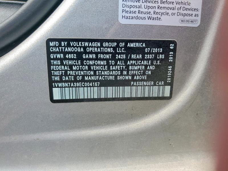 2014 Volkswagen Passat მანქანა იყიდება აუქციონზე, vin: 1VWBN7A39EC004157, აუქციონის ნომერი: 61035686