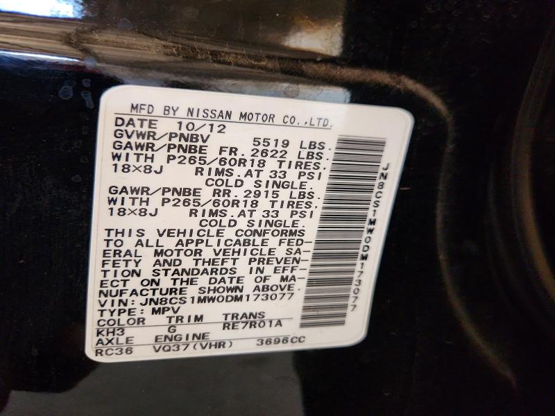 59334876 :رقم المزاد ، JN8CS1MW0DM173077 vin ، 2013 Infiniti Fx37 مزاد بيع