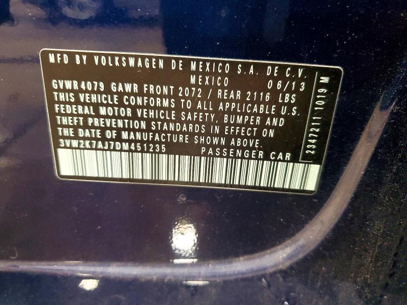 2013 Volkswagen Jetta მანქანა იყიდება აუქციონზე, vin: 3VW2K7AJ7DM451235, აუქციონის ნომერი: 61695126