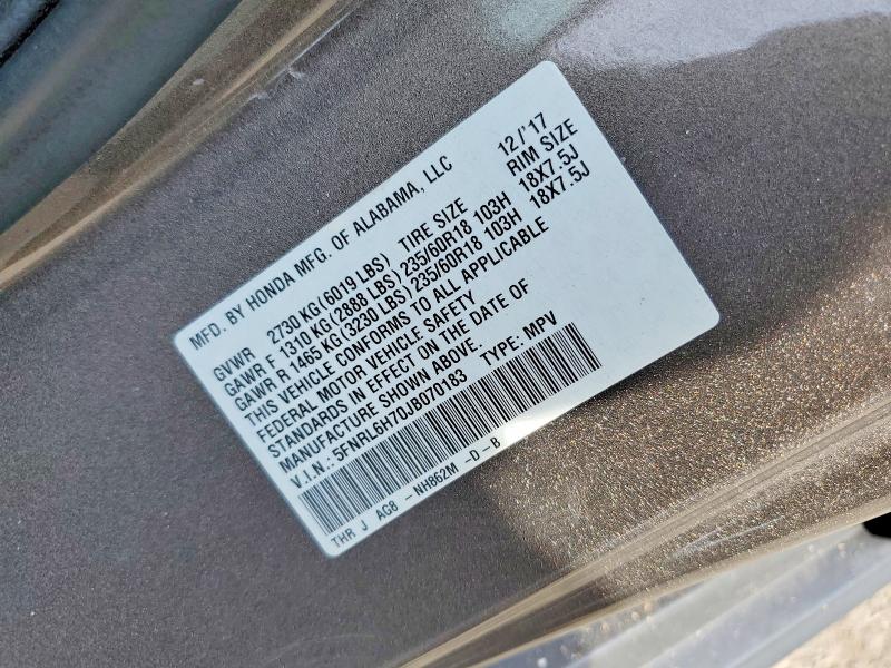 Продаж на аукціоні авто 2018 Honda Odyssey, vin: 5FNRL6H70JB070183, номер лоту: 60701776
