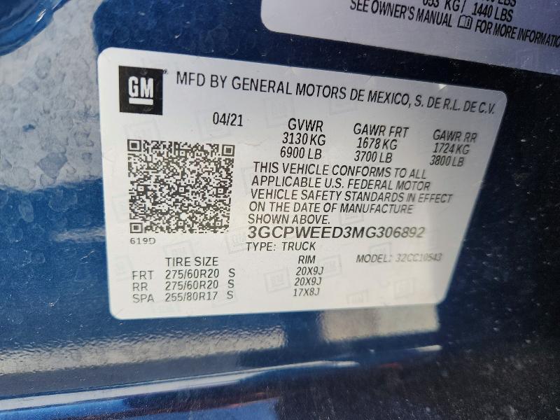 Aukcja sprzedaży 2021 Chevrolet Silverado, vin: 3GCPWEED3MG306892, numer aukcji: 59598406