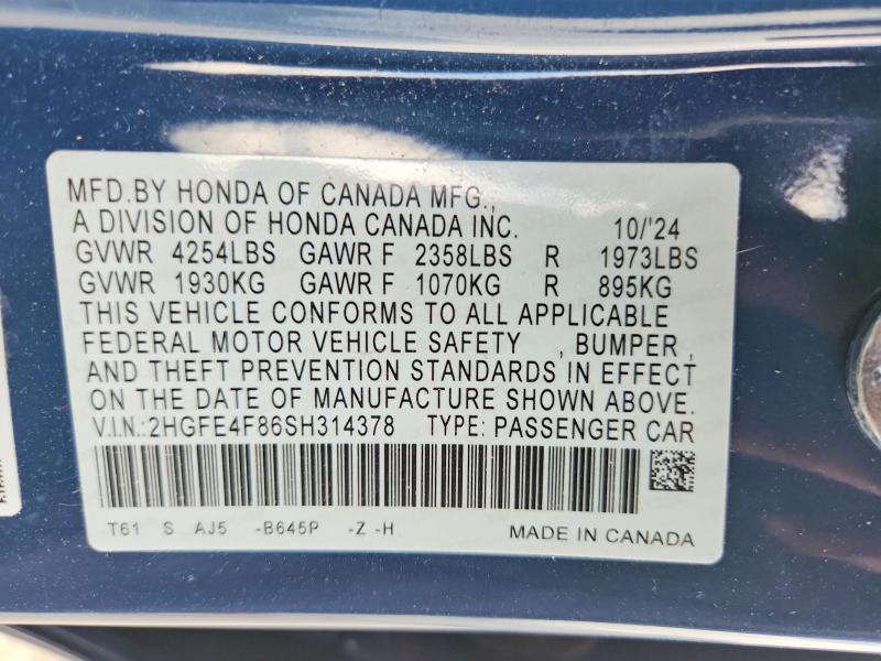 61398146 :رقم المزاد ، 2HGFE4F86SH314378 vin ، 2025 Honda Civic مزاد بيع