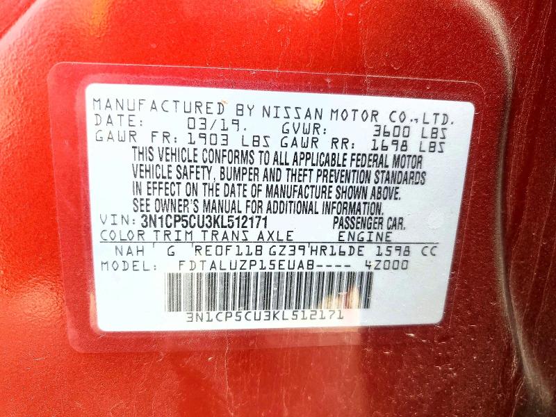 Auction sale of the 2019 Nissan Kicks, vin: 3N1CP5CU3KL512171, lot number: 61385466