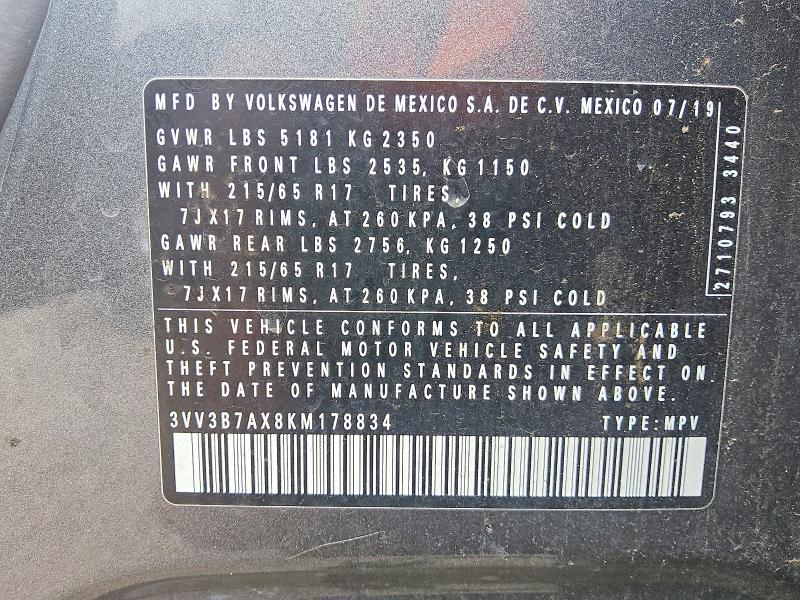 Aukcja sprzedaży 2019 Volkswagen Tiguan, vin: 3VV3B7AX8KM178834, numer aukcji: 59406636
