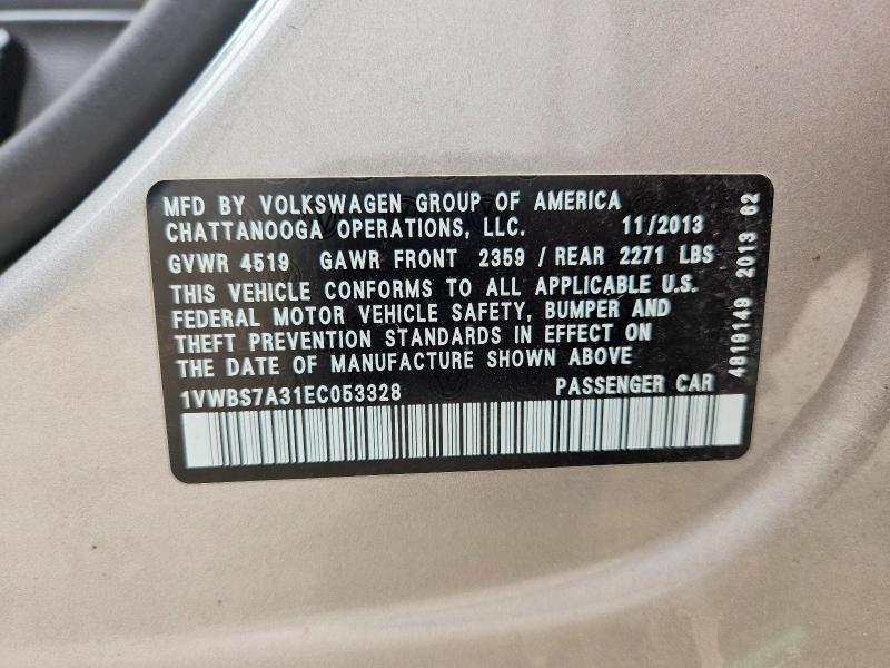 63569206 :رقم المزاد ، 1VWBS7A31EC053328 vin ، 2014 Volkswagen Passat مزاد بيع