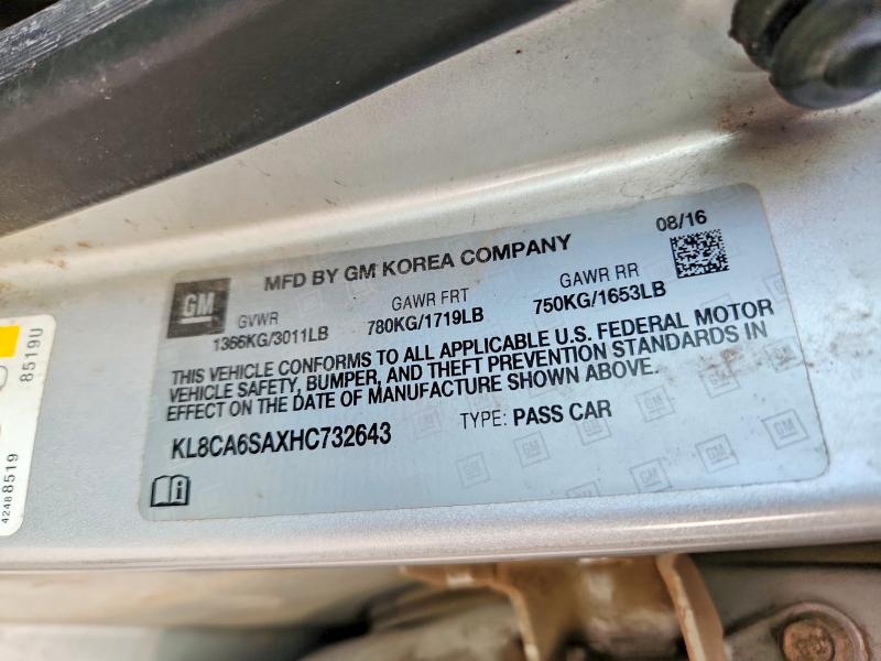 2017 Chevrolet Spark მანქანა იყიდება აუქციონზე, vin: KL8CA6SAXHC732643, აუქციონის ნომერი: 62275016