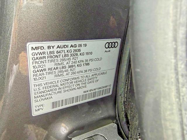 2019 Audi Q8 მანქანა იყიდება აუქციონზე, vin: WA1BVAF19KD039112, აუქციონის ნომერი: 63314516