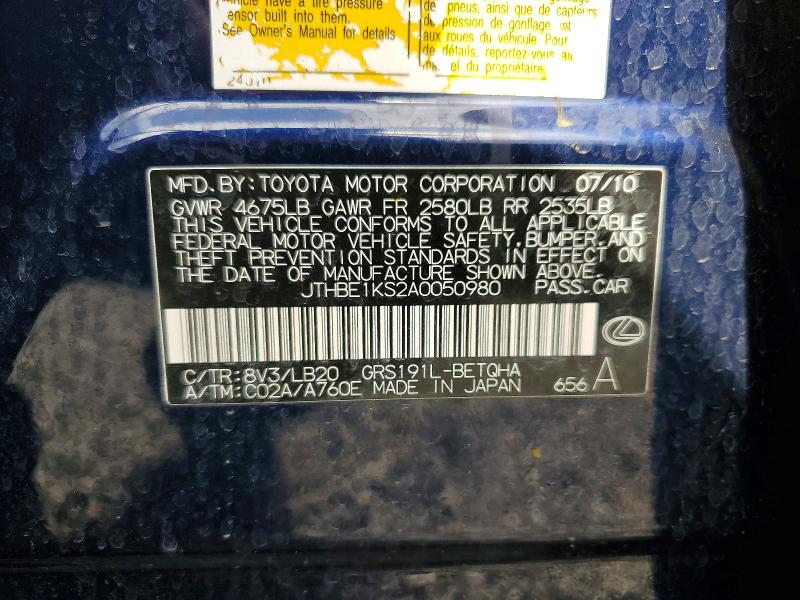2010 Lexus Gs მანქანა იყიდება აუქციონზე, vin: JTHBE1KS2A0050980, აუქციონის ნომერი: 61230496