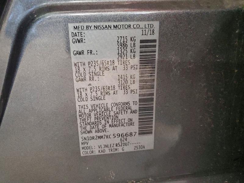60202266 :رقم المزاد ، 5N1DR2MM7KC596687 vin ، 2019 Nissan Pathfinder مزاد بيع