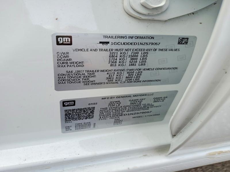 60895666 :رقم المزاد ، 1GCUDDED1NZ579057 vin ، 2022 Chevrolet Silverado مزاد بيع