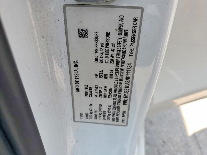 Продаж на аукціоні авто 2022 Tesla Model 3, vin: 5YJ3E1EA8NF111734, номер лоту: 62490766