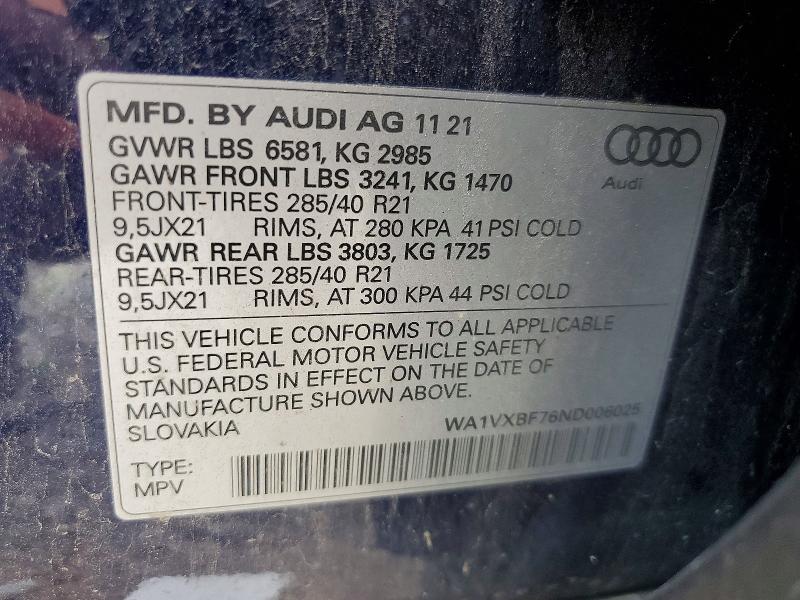 Aukcja sprzedaży 2022 Audi Q7, vin: WA1VXBF76ND006025, numer aukcji: 59810296