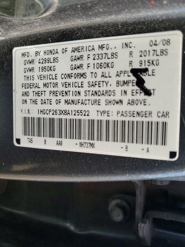 Продажа на аукционе авто 2008 Honda Accord, vin: 1HGCP263X8A125522, номер лота: 59538196