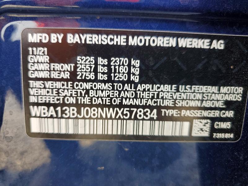 Aukcja sprzedaży 2022 Bmw 530, vin: WBA13BJ08NWX57834, numer aukcji: 59319276