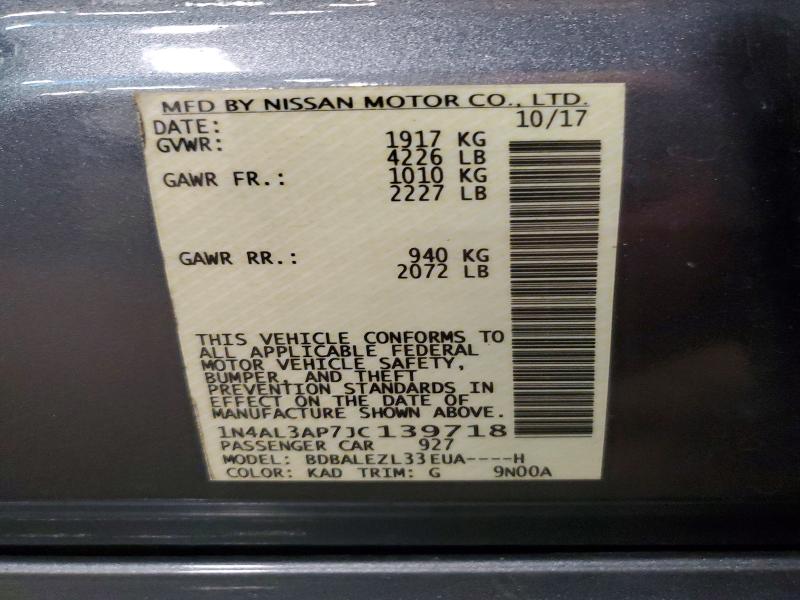 2018 Nissan Altima მანქანა იყიდება აუქციონზე, vin: 1N4AL3AP7JC139718, აუქციონის ნომერი: 60990446