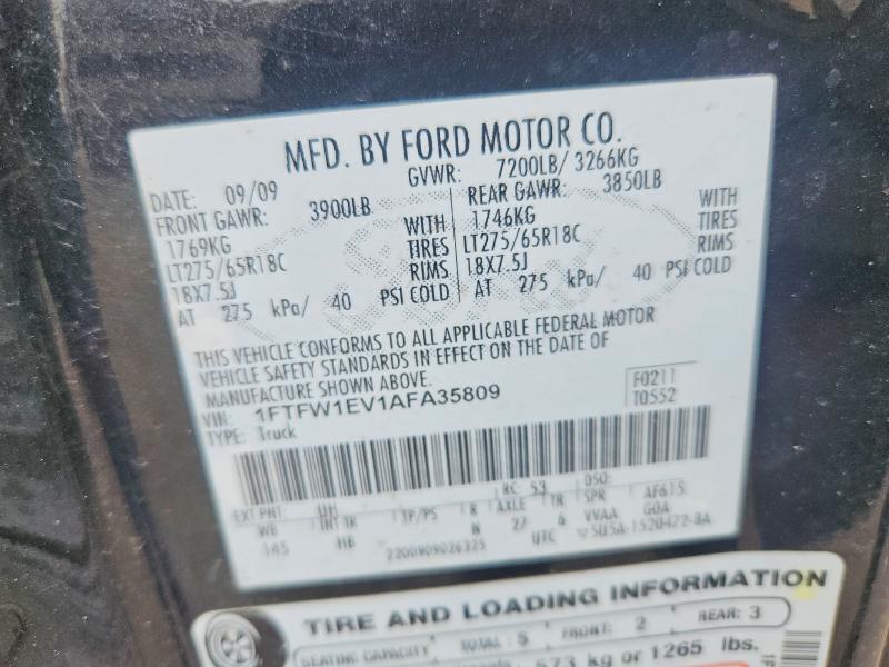 2010 Ford F150 მანქანა იყიდება აუქციონზე, vin: 1FTFW1EV1AFA35809, აუქციონის ნომერი: 59683566