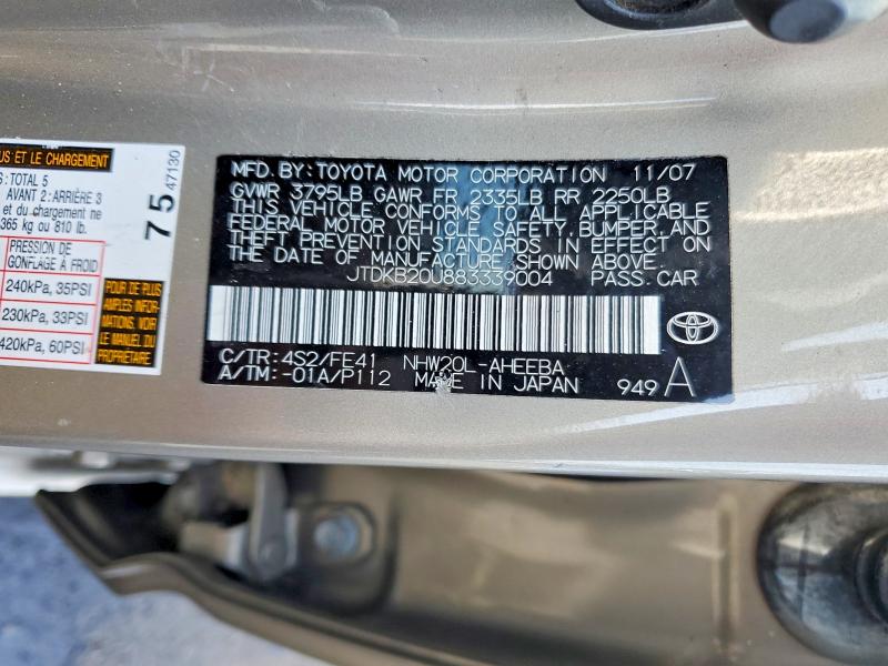 Aukcja sprzedaży 2008 Toyota Prius, vin: JTDKB20U883339004, numer aukcji: 59801056