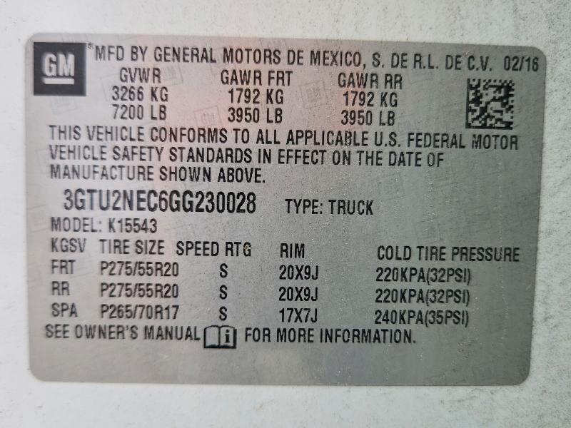 Aukcja sprzedaży 2016 Gmc Sierra, vin: 3GTU2NEC6GG230028, numer aukcji: 59240466