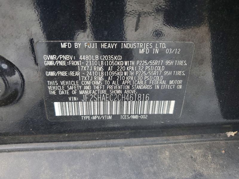 2012 Subaru Forester მანქანა იყიდება აუქციონზე, vin: JF2SHAEC2CH461816, აუქციონის ნომერი: 61127996