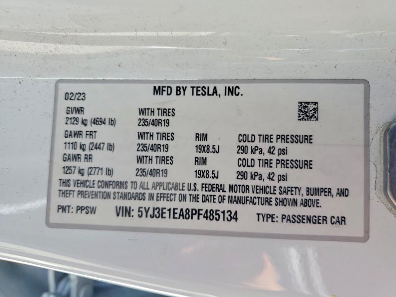 2023 Tesla Model 3 მანქანა იყიდება აუქციონზე, vin: 5YJ3E1EA8PF485134, აუქციონის ნომერი: 62821096