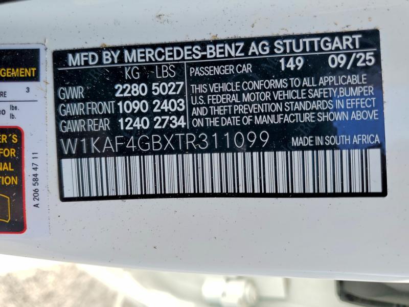 2026 Mercedes-benz C მანქანა იყიდება აუქციონზე, vin: W1KAF4GBXTR311099, აუქციონის ნომერი: 56342816