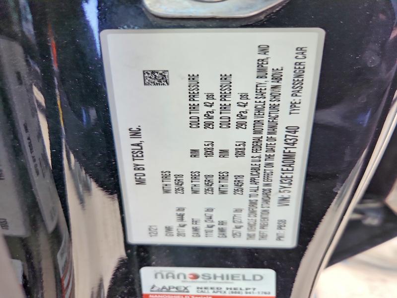 62604856 :رقم المزاد ، 5YJ3E1EA0MF143740 vin ، 2021 Tesla Model 3 مزاد بيع