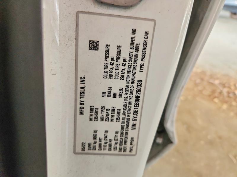62171456 :رقم المزاد ، 5YJ3E1EB0NF260339 vin ، 2022 Tesla Model 3 مزاد بيع
