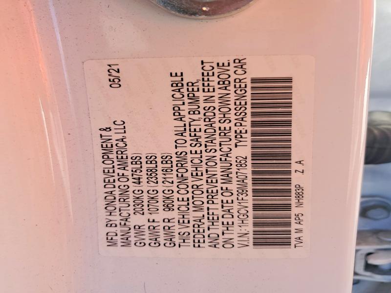 2021 Honda Accord მანქანა იყიდება აუქციონზე, vin: 1HGCV1F39MA071852, აუქციონის ნომერი: 61634026
