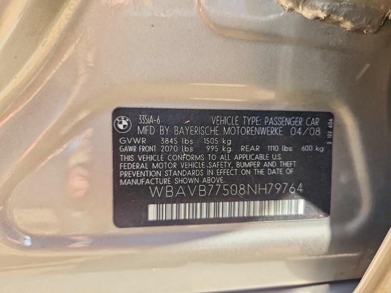 60900716 :رقم المزاد ، WBAVB77508NH79764 vin ، 2008 Bmw 335 مزاد بيع