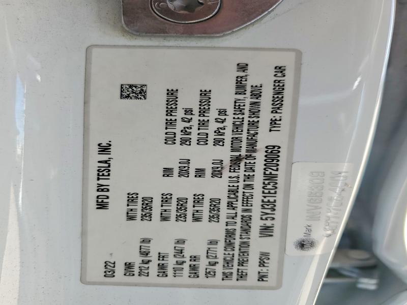 62526856 :رقم المزاد ، 5YJ3E1EC5NF209069 vin ، 2022 Tesla Model 3 مزاد بيع