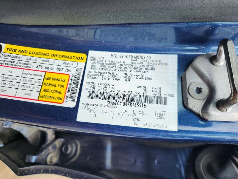 2019 Ford Fusion მანქანა იყიდება აუქციონზე, vin: 3FA6P0MU8KR165516, აუქციონის ნომერი: 62952146