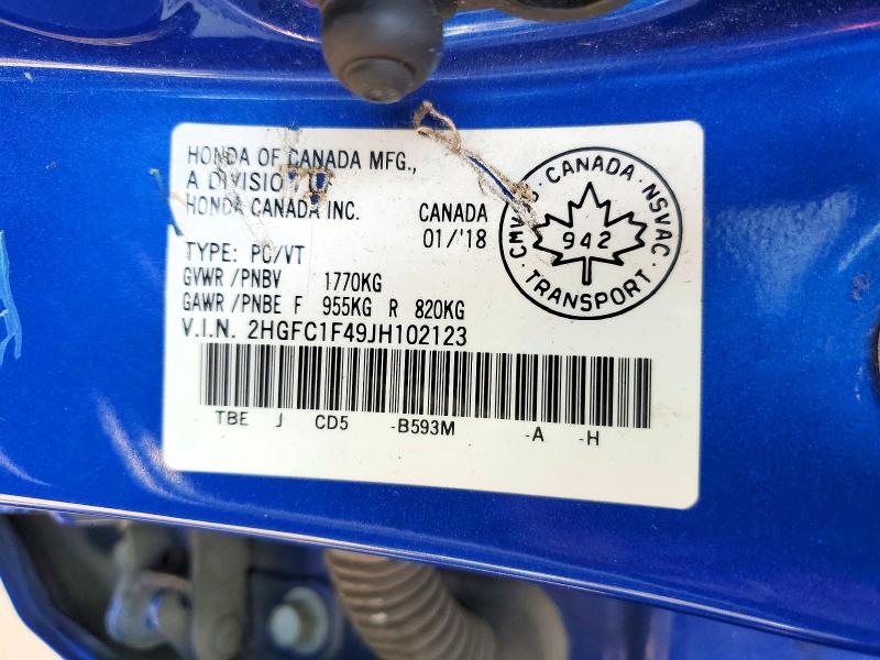 2018 Honda Civic მანქანა იყიდება აუქციონზე, vin: 2HGFC1F49JH102123, აუქციონის ნომერი: 59532816