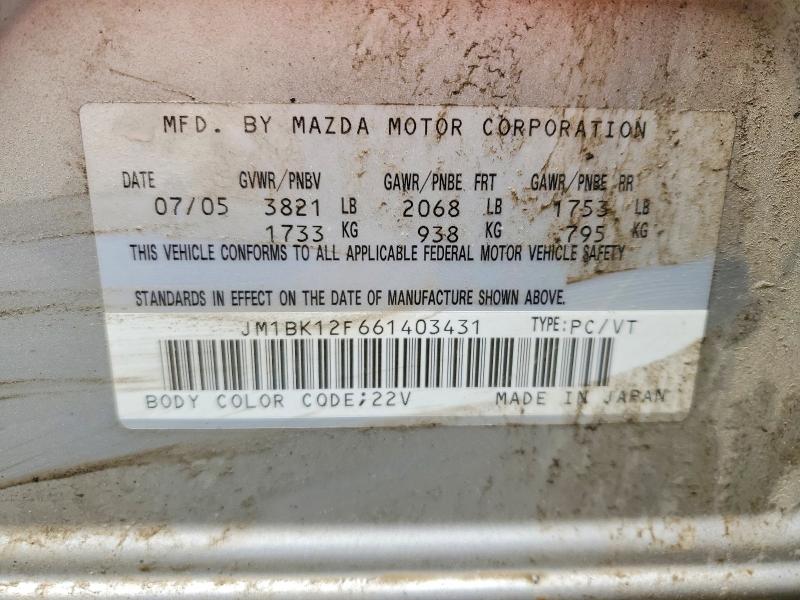 Продажа на аукционе авто 2006 Mazda 3, vin: JM1BK12F661403431, номер лота: 59730676