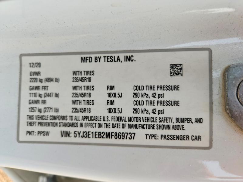Продаж на аукціоні авто 2021 Tesla Model 3, vin: 5YJ3E1EB2MF869737, номер лоту: 60380376