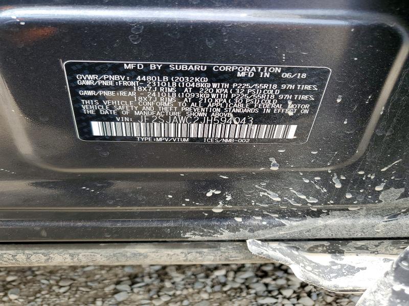 2018 Subaru Forester მანქანა იყიდება აუქციონზე, vin: JF2SJAWC2JH594043, აუქციონის ნომერი: 60461566