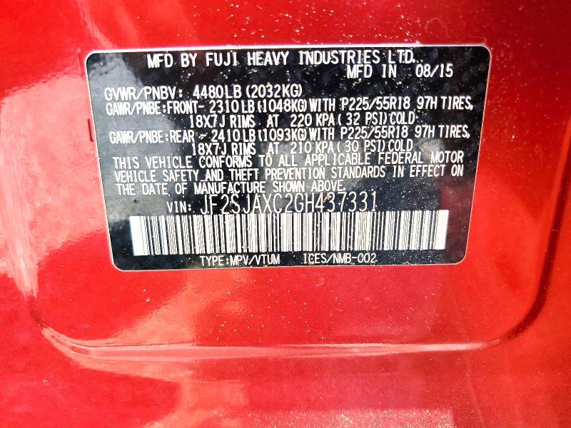 2016 Subaru Forester მანქანა იყიდება აუქციონზე, vin: JF2SJAXC2GH437331, აუქციონის ნომერი: 59248666